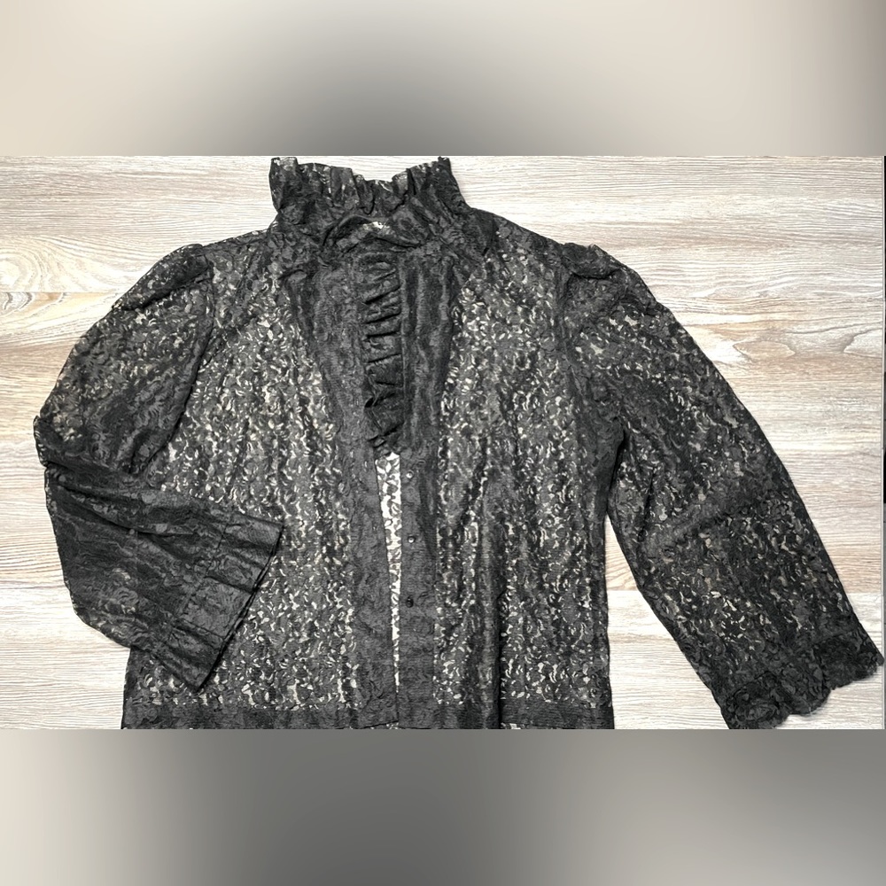 Vintage Na Ma of California Lace Hi Collar Sheer Blouse Top Black Oversized M L
